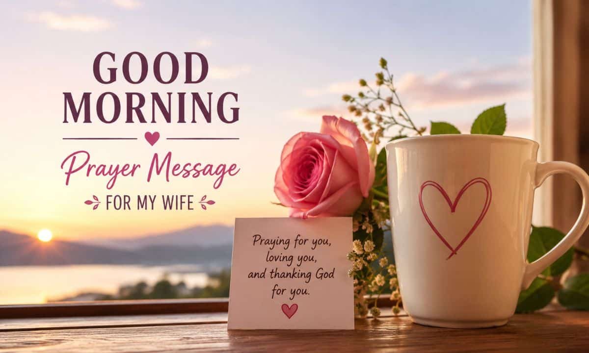 Romantic good morning prayer message for my wife with a beautiful sunrise, rose, and coffee cup symbolizing love, faith, and God's blessings.