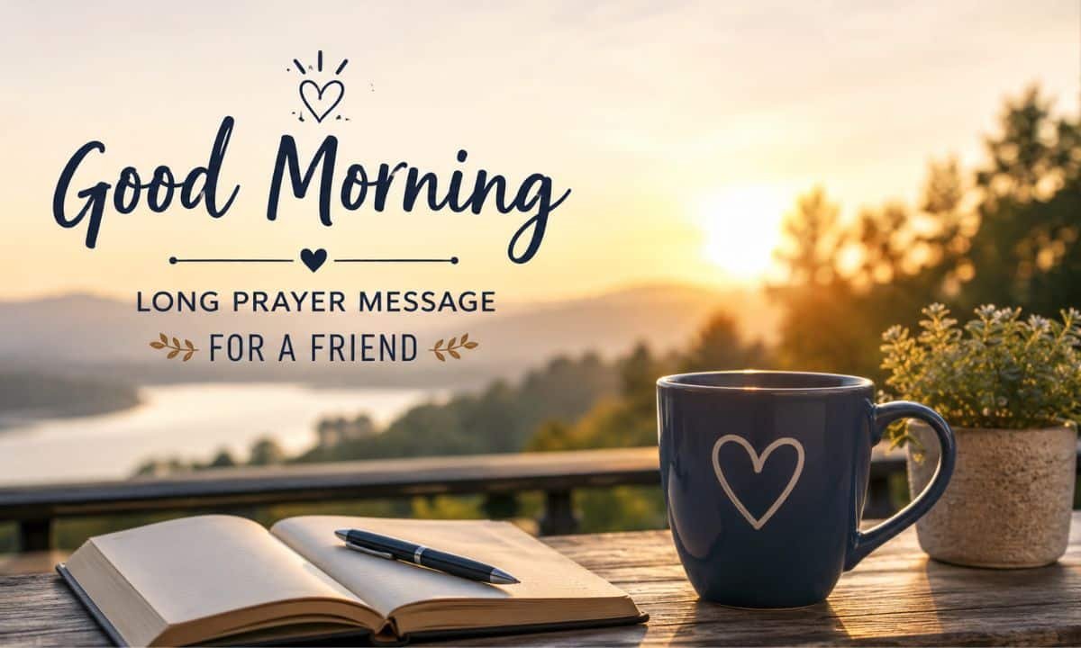 Long good morning prayer message for a friend with a peaceful sunrise, coffee mug, and journal, symbolizing faith, encouragement, and God's blessings.