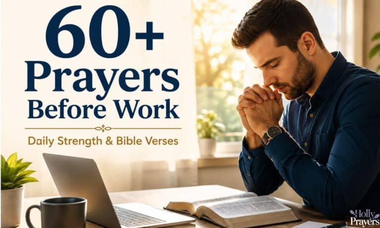 Young professional praying before work with an open Bible, laptop, and coffee mug for daily strength and guidance.